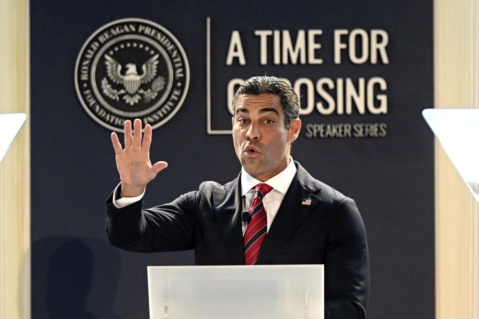 Miami Mayor Francis Suarez speaks at the "Time for Choosing" series at the Ronald Reagan Presidential Library Thursday, June 15, 2023, in Simi Valley, Calif. (AP Photo/Michael Owen Baker)