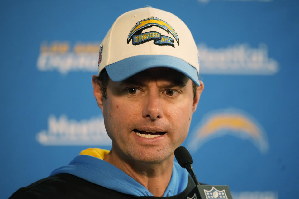 Los Angeles Chargers head coach Brandon Staley responds to questions after an NFL football game against the Denver Broncos, Sunday, Jan. 8, 2023, in Denver. (AP Photo/David Zalubowski)