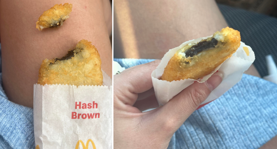 The McDonald's hash brown on the woman's knee with a bite taken out (left) and looking down at the inside of the hash brown (right).
