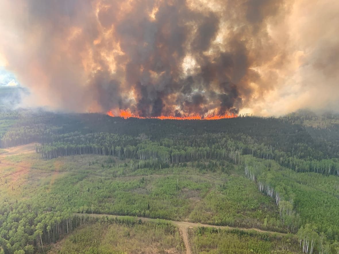 Smoke rises from the Bald Mountain Fire in the Grande Prairie Forest Area near Grande Prairie, Alta., on May 12, 2023. (Alberta Wildfire/Handout via Reuters - image credit)