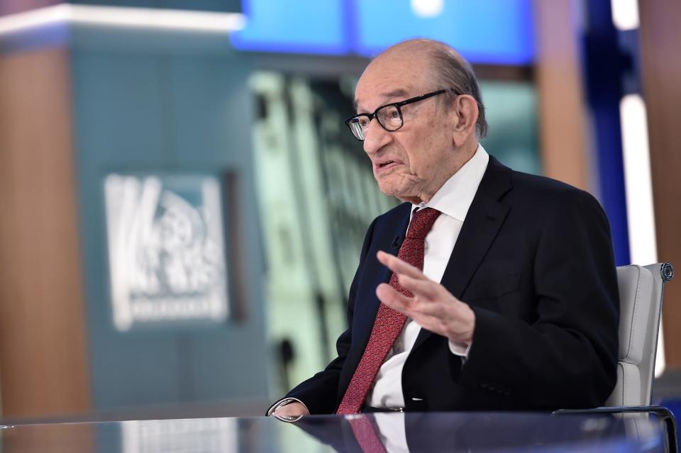 Alan Greenspan Visits "The Daily Briefing" at Fox News Channel Studios on October 17, 2018 in New York City.