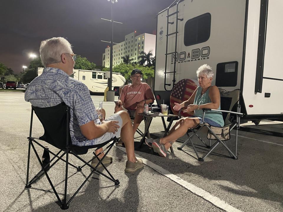 Hurricane evacuees gather outside the Miccosukee Resort & Gaming casino west of Miami, Florida.