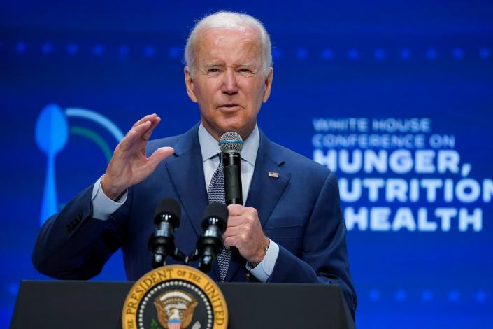 President Joe Biden speaks during the White House Conference on Hunger, Nutrition, and Health, at the Ronald Reagan Building, Wednesday, Sept. 28, 2022, in Washington. (AP Photo/Evan Vucci) ORG XMIT: DCEV446