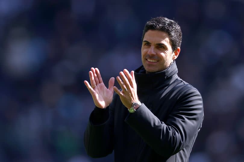 Arsenal Manager Mikel Arteta  applauds the fans after the Premier League match between Tottenham Hotspur and Arsenal FC at Tottenham Hotspur Stadium on April 28, 2024 in London, England.
