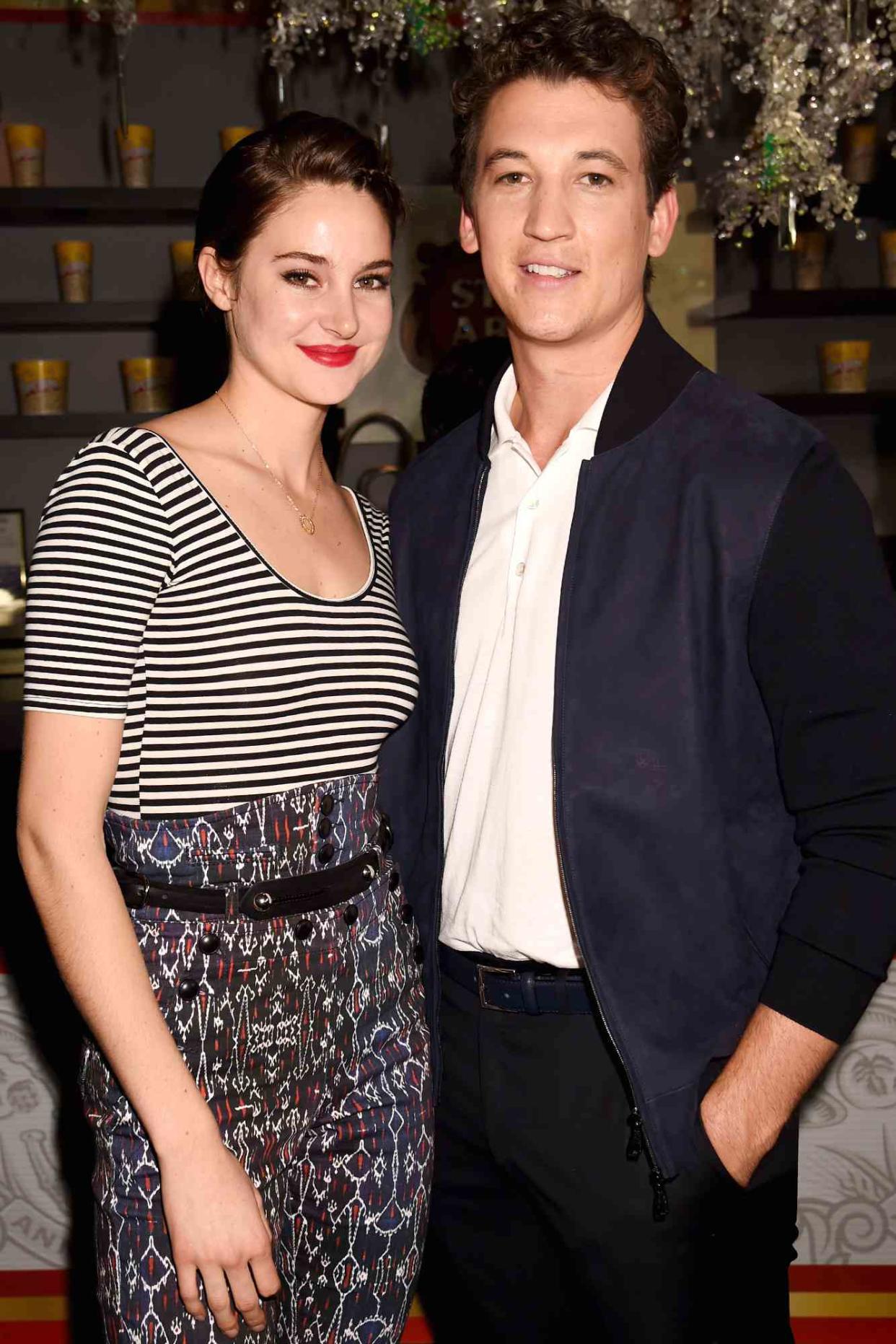 Shailene Woodley (L) and Miles Teller attend The 2015 MTV Movie Awards at Nokia Theatre L.A. Live on April 12, 2015 in Los Angeles, California.