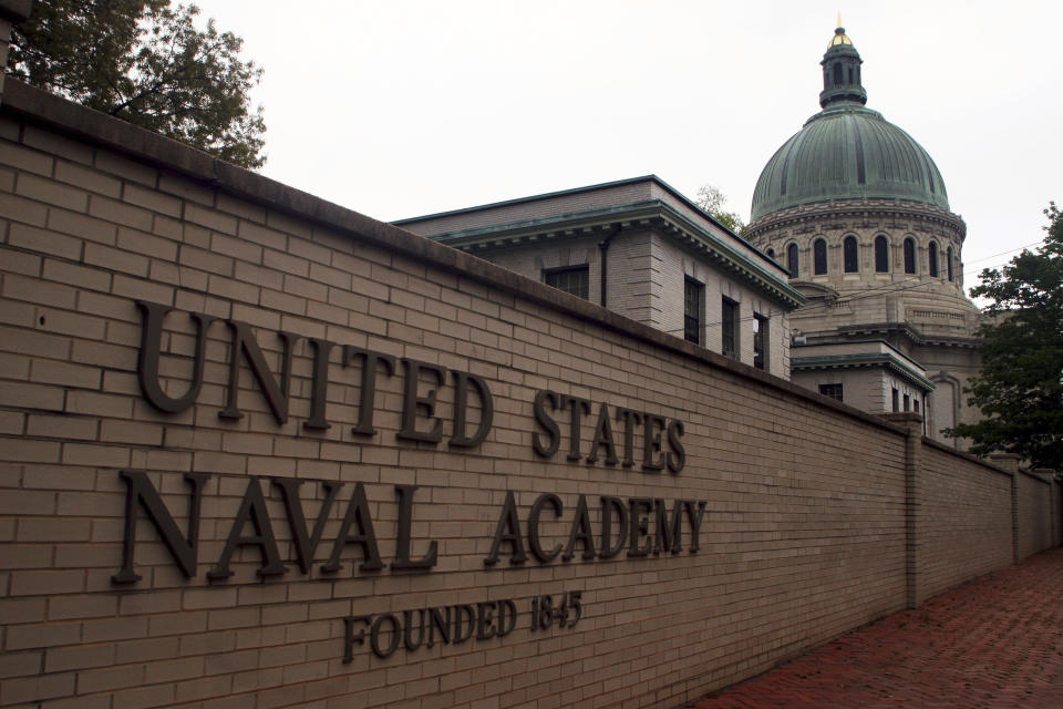 FILE - This May 10, 2007 file photo shows the U.S. Naval Academy in Annapolis, Md. Reports of sexual assaults increased at two of the three military academies last year and an anonymous survey suggests sexual misconduct rose across the board at the schools, The Associated Press has learned. Assault reports rose at the U.S. Naval Academy in Annapolis, Maryland, and the U.S. Military Academy at West Point, New York, while dropping at the U.S. Air Force Academy in Colorado. (AP Photo/Kathleen Lange, File)