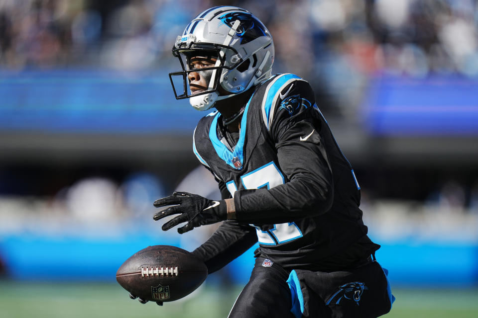 Carolina Panthers wide receiver DJ Chark Jr. (17) runs against the Tampa Bay Buccaneers during the first half of an NFL football game, Sunday, Jan. 7, 2024, in Charlotte, N.C. (AP Photo/Rusty Jones)