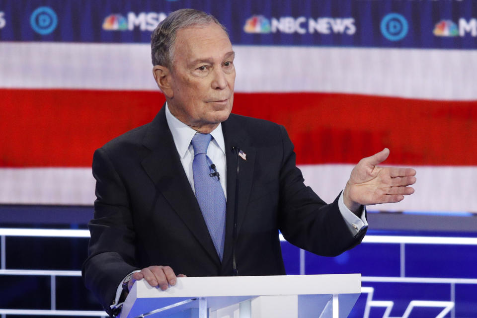 Democratic presidential candidate, former New York City Mayor Mike Bloomberg speaks during a Democratic presidential primary debate Wednesday, Feb. 19, 2020, in Las Vegas, hosted by NBC News and MSNBC.(AP Photo/John Locher)