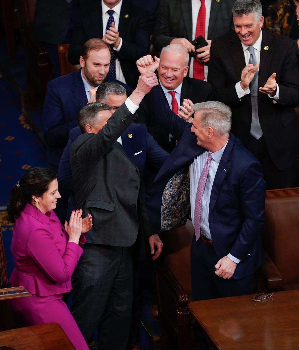 Kevin McCarthy, R-Calif., celebrates after receiving the votes to win the speaker's chair  of the House of Representatives.