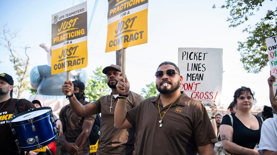 <em>UPS workers “practice picket” at Teamsters Local 804 outside of a UPS facility Thursday, July 6, 2023, in the Brooklyn borough of New York. Contract negotiations between UPS and the union representing 340,000 of the company’s workers broke down early Wednesday with each side blaming the other for walking away from talks. (AP Photo/Brittainy Newman)</em>