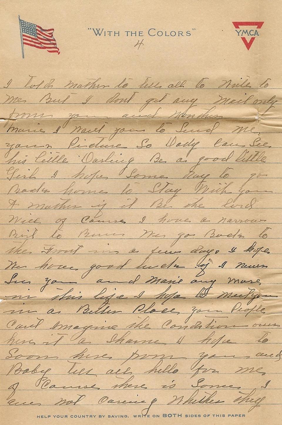 In this photo of a letter from the collection of Patrick Lernout, dated Aug. 1918, and written by American World War One soldier Wesley Creech from the Western Front in Belgium. As if by premonition, Private Wesley Creech no longer hid the darkness of his soul from his wife Carzetta and five-month-old daughter Marie during the decisive weeks of World War One. “If I never see you and Marie any more, I hope to meet you in a Better Place,” he penned down in his best strokes on Aug. 24, 1918, when the American army was pushing the Germans back in Belgium. He signed off the letter with “good By.” One week later he was killed by an enemy bullet in the head. (AP Photo)