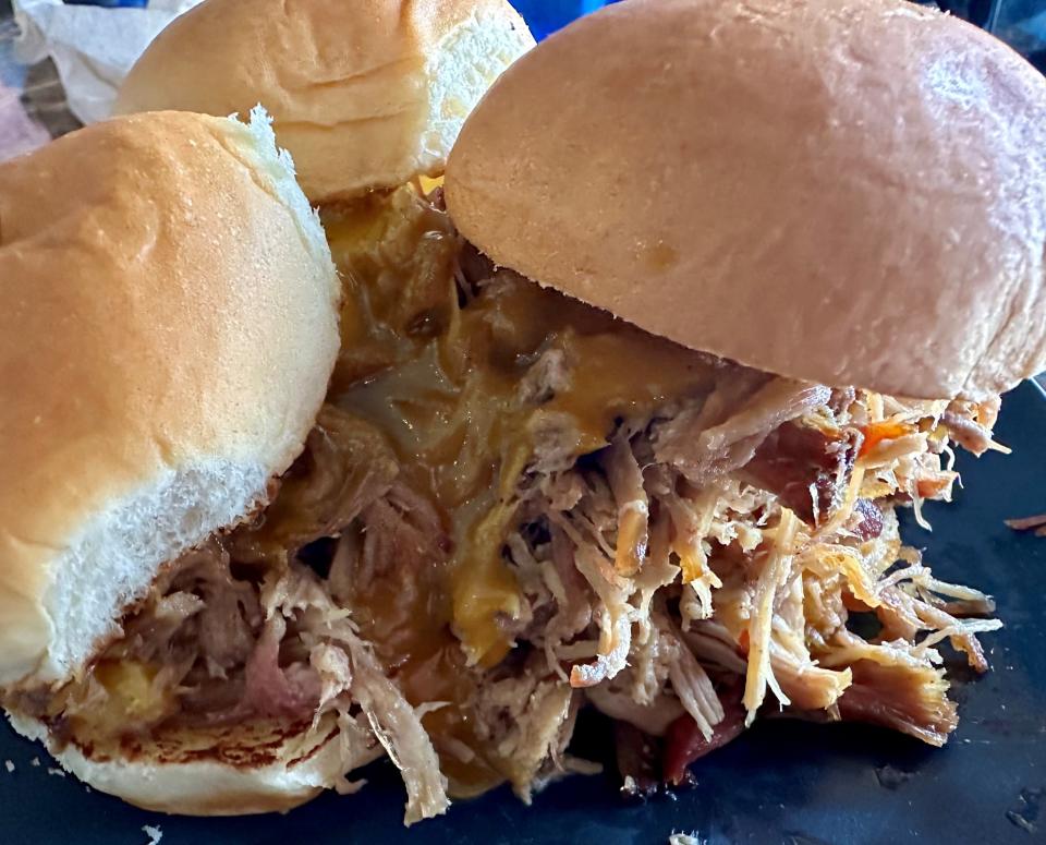 An order of BBQ Peach Sliders at the Bat Cave Gastropub in Melbourne consisted of three rolls mounded with beautifully smoky and dressed with a bit of savory-sweet, peachy sauce.