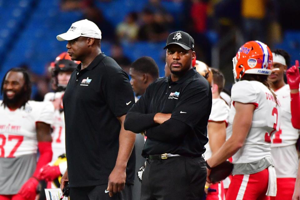 Mike Caldwell, the new defensive coordinator for the Jacksonville Jaguars, as seen coaching the East Team at the 2020 East West Shrine Bowl on Jan. 18, 2020. Caldwell, at the time the linebackers coach for the Tampa Bay Buccaneers, was hired by new Jaguars head coach Doug Pederson in February 2022.