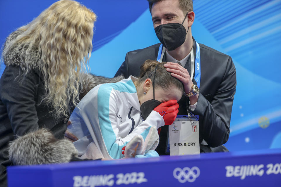 Kamila Valieva (pictured) cries after her scores were revealed at the Winter Olympic Games.