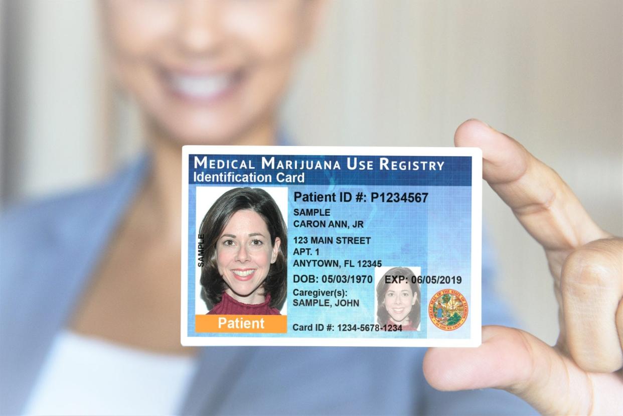 Florida Medical Marijuana Caregiver cards are similar to standard ones like this, but have CAREGIVER in a red box underneath the photo and the patient's name on the front underneath the caregiver's.