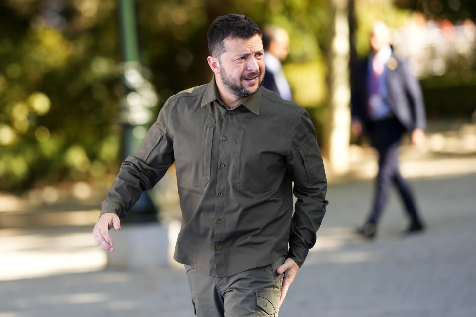 Ukraine's President Volodymyr Zelenskyy arrives at the Europe Summit in Granada, Spain, Thursday, Oct. 5, 2023. Some 50 European leaders are gathering in southern Spain's Granada on Thursday to stress that they stand by Ukraine, at a time when Western resolve appears somewhat weakened. Ukrainian President Volodymyr Zelenskyy will be there to hear it. (AP Photo/Manu Fernandez)