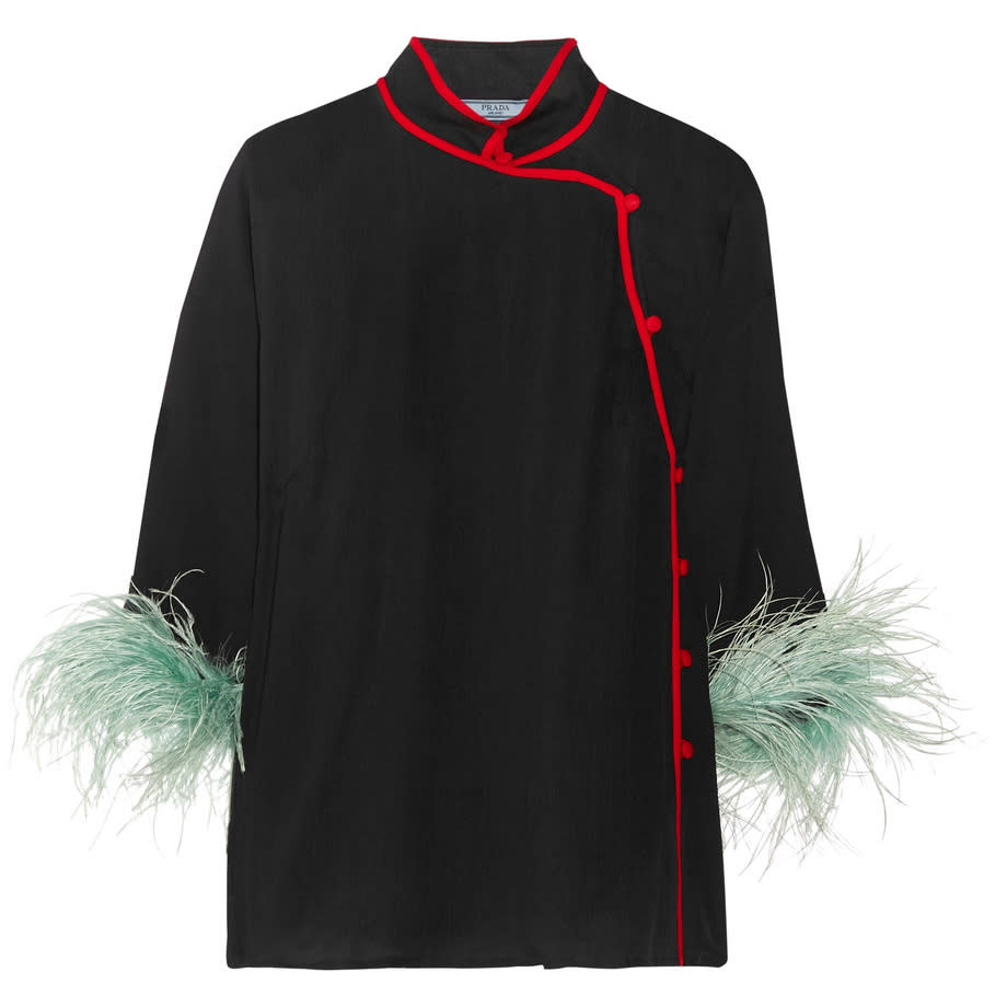 Feather-Trimmed Silk-Chiffon Kimono Blouse