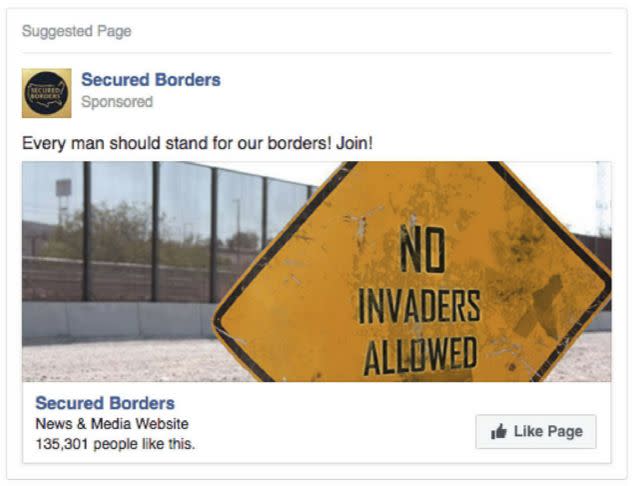 Numerous ads&nbsp;sought to build a following for&nbsp;an anti-immigrant&nbsp;IRA-backed Facebook page called "Secured Borders."