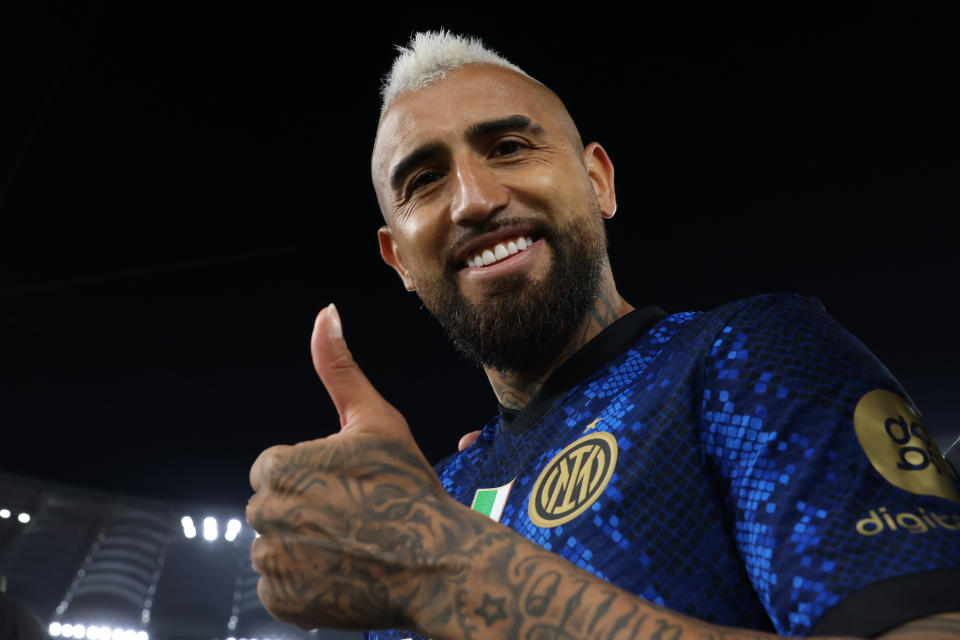 ROME, ITALY - MAY 11: Arturo Vidal of FC Internazionale reacts following the 4-2 victory in the Coppa Italia Final match between Juventus and FC Internazionale at Stadio Olimpico on May 11, 2022 in Rome, Italy. (Photo by Jonathan Moscrop/Getty Images)