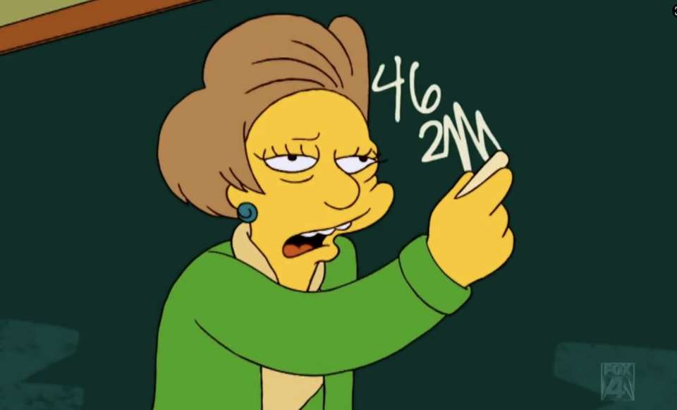 Edna Krabappel is leaning sleepily on a chalkboard