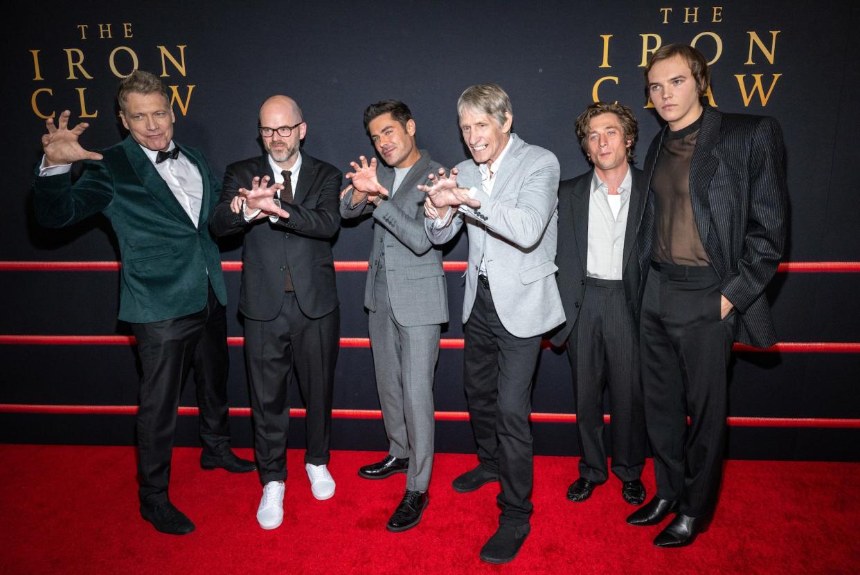 Holt McCallany, Sean Durkin, Zac Efron, Kevin Von Erich, Jeremy Allen White and Stanley Simons at "The Iron Claw" premiere