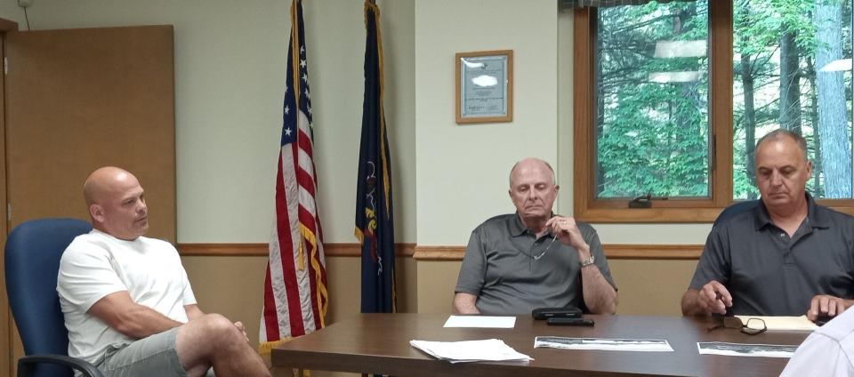 At left is Joseph Regenski, co-partner of LW Developers, LLC, at the conditional use hearing July 11 at Palmyra Township-Pike County municipal offices. Supervisors Eric Ehrhardt and chairman Ken Coutts are at right. Supervisor Tom Mueller also was present.