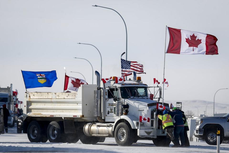 Premier Danielle Smith’s support for protesters who took part in the 2022 blockade at the United States border near Coutts, Alta., was an issue throughout the Alberta election campaign. THE CANADIAN PRESS/Jeff McIntosh