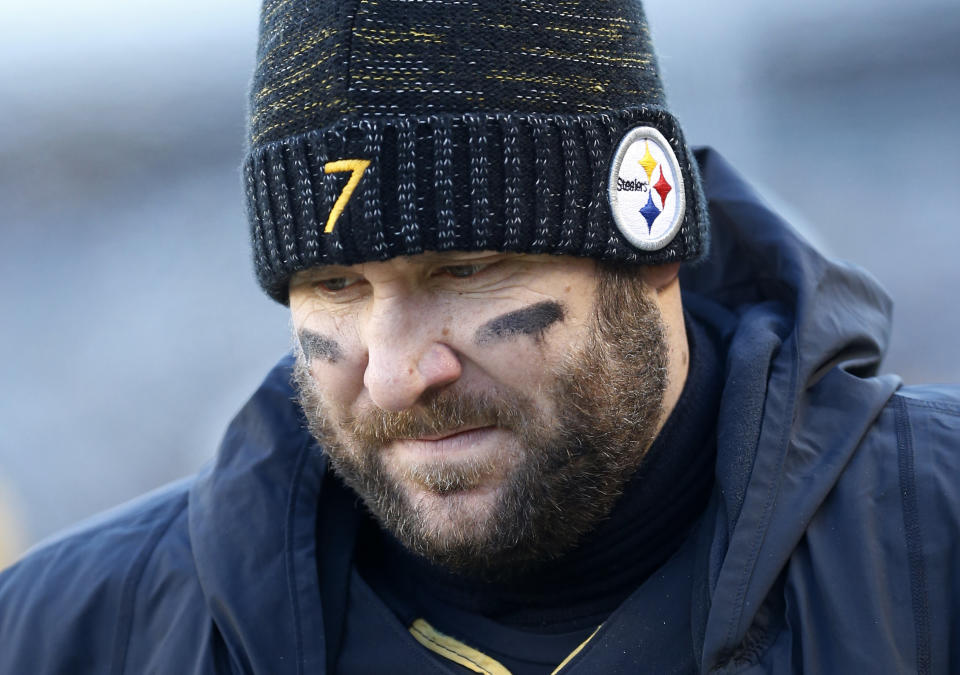 Pittsburgh Steelers quarterback Ben Roethlisberger (7) stands on the sideline during the second half of an NFL divisional football AFC playoff game against the Jacksonville Jaguars in Pittsburgh, Sunday, Jan. 14, 2018. (AP Photo/Keith Srakocic)