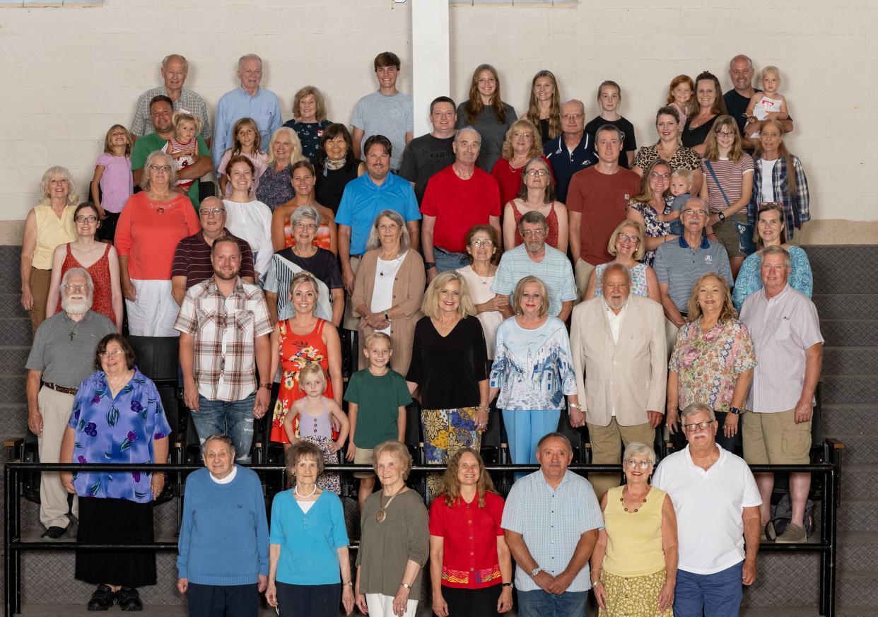 The 60 Whiteleather family members who attended the 126th reunion were, front row from left, Carl Nelson, Barbara Willis Nelson, Nancy Willis Stephen, Debbie Nelson Smith, Paul Smith, Shirley Whiteleather Fox and Russ Fox; second row from left, Andy Broadbent, Kaye Momosor Broadbent, Evan Robb, Catherine Jarrett Robb, Ella Robb, Easton Robb, Esther Whiteleather, Ruth Whiteleather Orrell, Larry Orrell, Doria Davis Kisling and Lawrence Whiteleather; third row from left, Christie Summers, Paul Selig, Marie Selig, Marcia Selig Grau, Gretchen Ruester Brown, Ray Brown, Connie Whiteleather Skvir, Larry Skvir and Mandy Whiteleather; fourth row from left, Betty Whiteleather, Debbie Collen, Jordan Geisberger, Kris Pukas Geisberger, David Geisberger, Philip Crist, Lucinda Crist Summers, Kevin Crist, Megan Conrad Crist, Beau Crist; fifth row from left, Savanna Johnson, Wesley Johnson, Summer Johnson, Scarlet Johnson, Kathy Whiteleather Johnson, Leeling Ho, Brian Crist, Edna Gray Crist, Steven Crist, Emily Fox Johnson, Laney Johnson and Margie Whiteleather Wilson; sixth row from left, Glenn Whiteleather, David Hamilton, Linda Whiteleather Hamilton, Maddox French, Emmy Jones, Maezie French, Myla French, Maylenne French, Angela Wilson French, John French and Magnolia French.