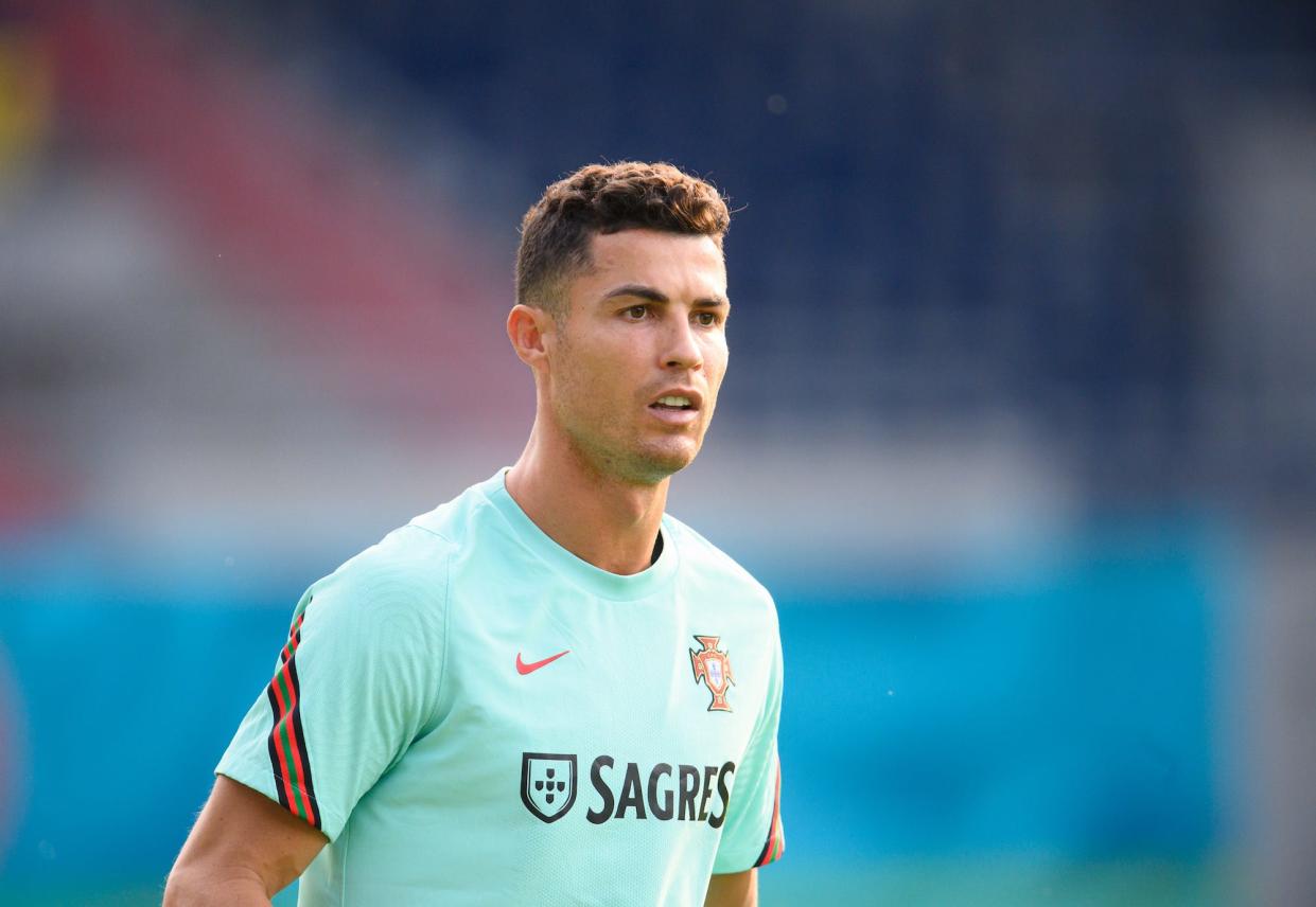 Hungary, Budapest: Football: European Championship, Group F, Portugal, Training, at Illovszky Rudolf Stadium. Portugal's Cristiano Ronaldo is on the field.