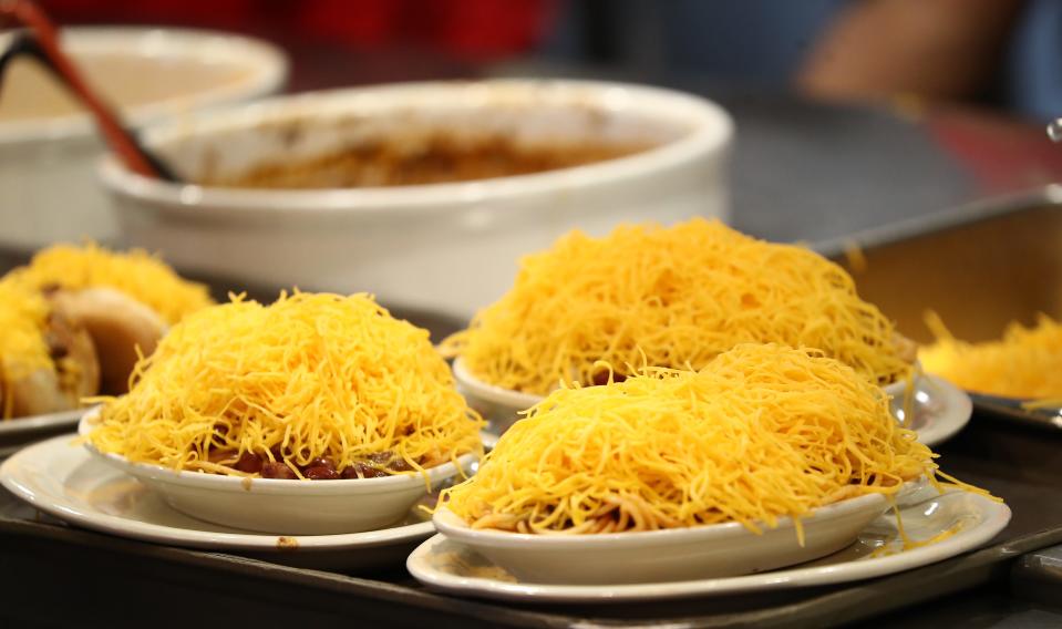 Skyline Chili was being served at the location downtown which hosted the kick-off dinner for the Crosstown Showdown, Tuesday, Aug. 10, 2021.