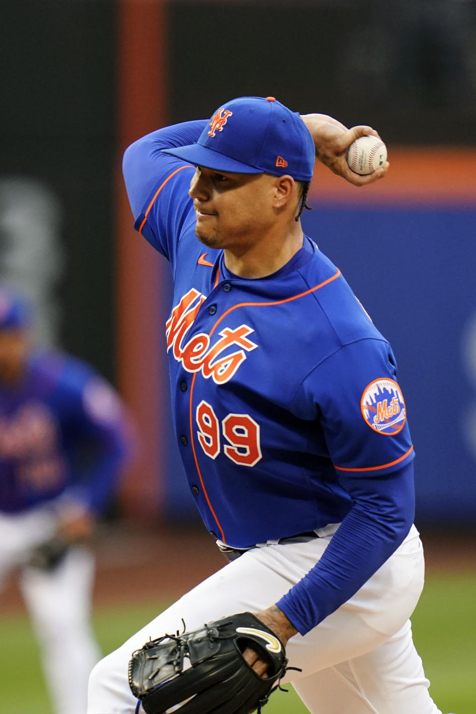 New York Mets' Taijuan Walker pitches during the first inning of a baseball game against the New York Yankees Tuesday, July 26, 2022, in New York. (AP Photo/Frank Franklin II)