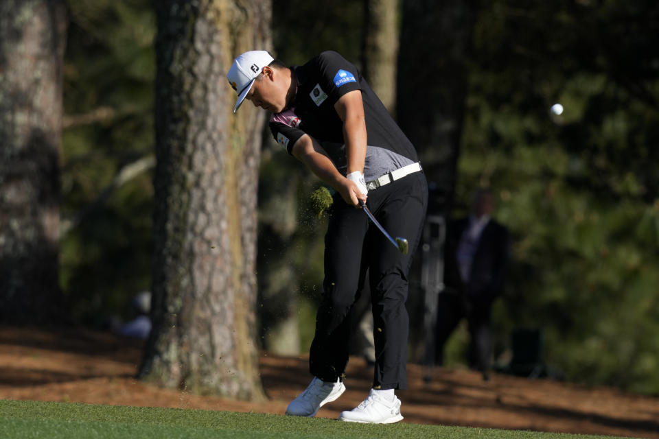 Sungjae Im, of South Korea, hits on the 15th fairway during the first round at the Masters golf tournament on Thursday, April 7, 2022, in Augusta, Ga. (AP Photo/Charlie Riedel)