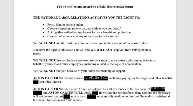 A screenshot shows the text of a labor rights notice that must be posted outside of Nintendo's offices. 