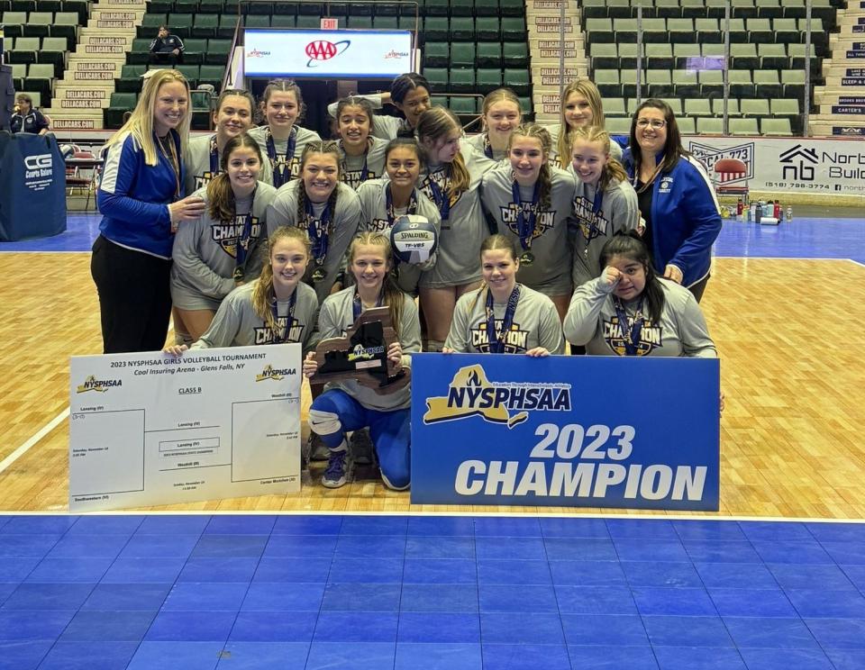 Lansing won the New York State Public High School Athletic Association Class B title in girls volleyball Nov. 19, 2023 with a 3-0 win over Westhill at Cool Insuring Arena in Glens Falls.