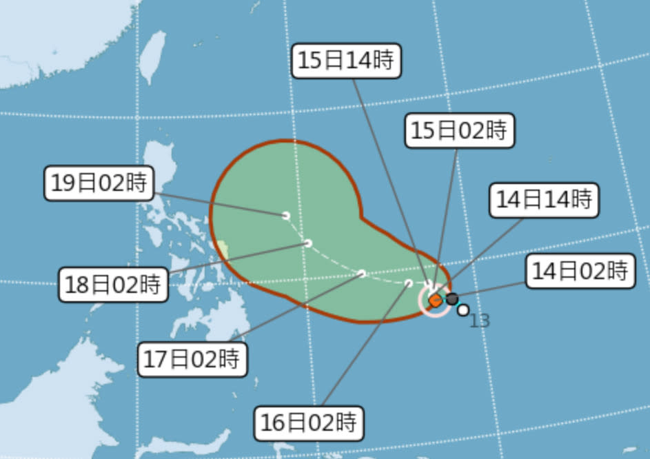 位於菲律賓東南方海面的熱帶性低氣壓，今凌晨2時發展成今年第2號颱風舒力基，有機會增強為中颱，估周日或下周一開始北轉，此時距離台灣最近。（圖片來源：氣象局，下同）