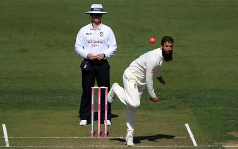 Moeen Ali bowls during a warm-up match in Hamilton this week - Credit: Getty images