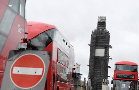 A no entry sign is seen with Big Ben clock tower behind at the Houses of Parliament in London