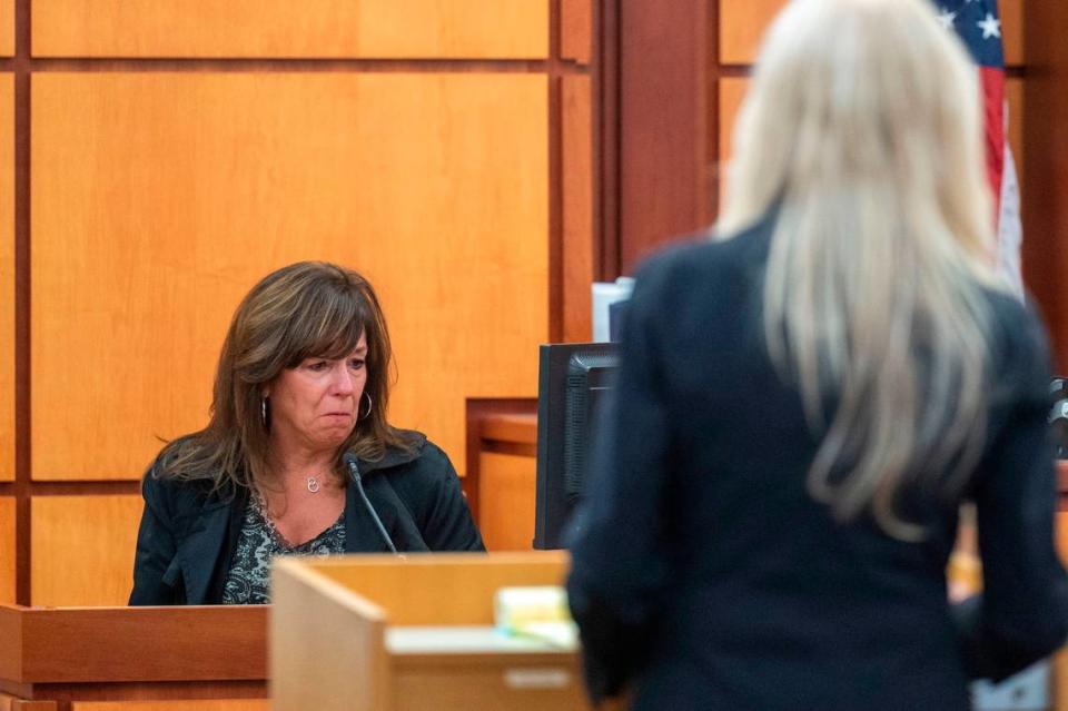 Wendy Kaleiwahea-Troyer, the wife of Pierce County Sheriff Ed Troyer, initially becomes emotional on the witness stand when questioned by defense attorney Anne Bremner on Wednesday, Dec. 7, 2022, in Pierce County District Court in Tacoma, Wash. Her testimony will continue on Thursday morning.