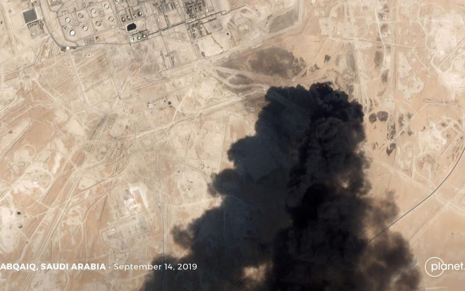 A satellite image shows an apparent drone strike on an Aramco oil facility in Abqaiq - Planet Labs Inc via REUTERS