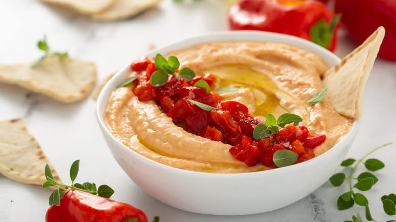 hummus topped with roasted peppers