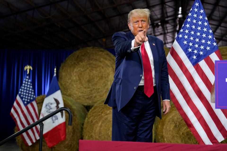 Trump speaking at a rally in Iowa on 16 October (Copyright 2023 The Associated Press. All rights reserved)