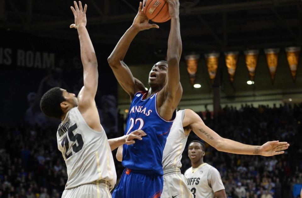 Then-Kansas Jayhawks guard Andrew Wiggins rises for a shot attempt during a December 2013 game against the Colorado Buffaloes at the Coors Events Center in Boulder, Colo.