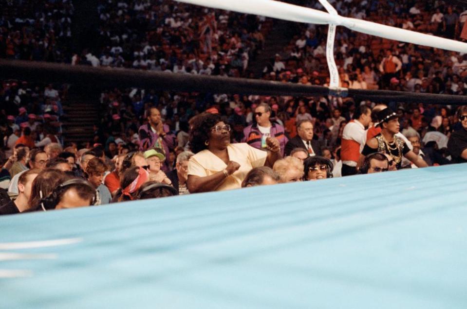 Violet Blake cheers on her son during his 1993 fight with Tony Tucker for the WBC heavyweight championship.