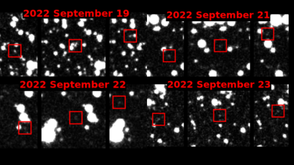 Images from the Atlas survey showing the potentially hazardous asteroid  2022 SF289 marked by red boxes