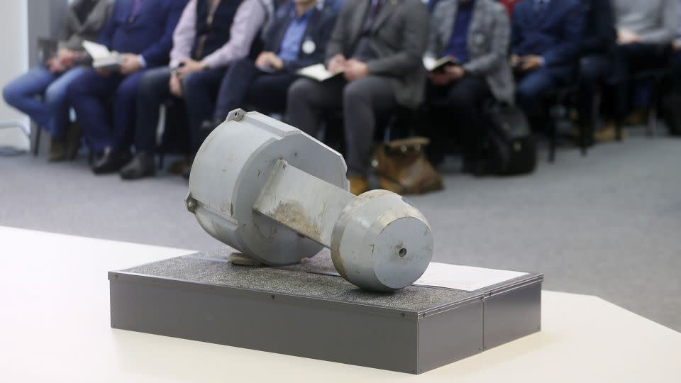 A dud warhead imitating a nuclear part of a Kh-55SM strategic cruise missile, which was used by Russian troops during missile attacks on Ukraine, is seen during a media briefing in Kyiv, Ukraine, in December 2022. - NurPhoto/Getty Images