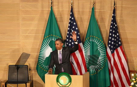 U.S. President Barack Obama salutes delegates after delivering remarks at the African Union in Addis Ababa, Ethiopia July 28, 2015. REUTERS/Tiksa Negeri