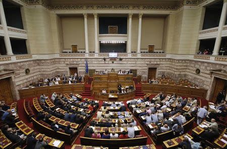 A general view shows the Greek parliament plenary chamber during a parliamentary session in Athens, Greece, early August 14, 2015. REUTERS/Christian Hartmann