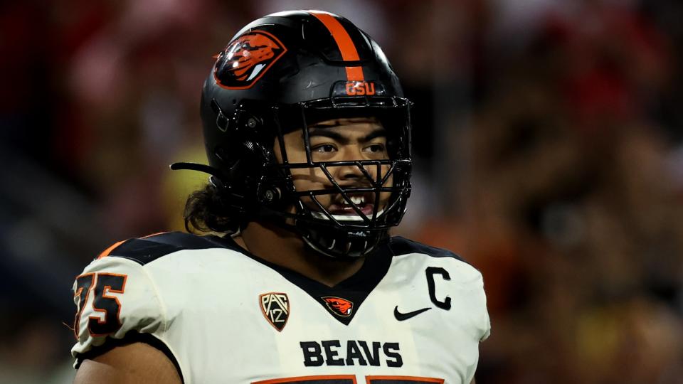 Oct 28, 2023; Tucson, Arizona, USA; Oregon State Beavers offensive lineman Taliese Fuaga #75 walks off the field against the Arizona Wildcats at Arizona Stadium. Mandatory Credit: Zachary BonDurant-USA TODAY Sports