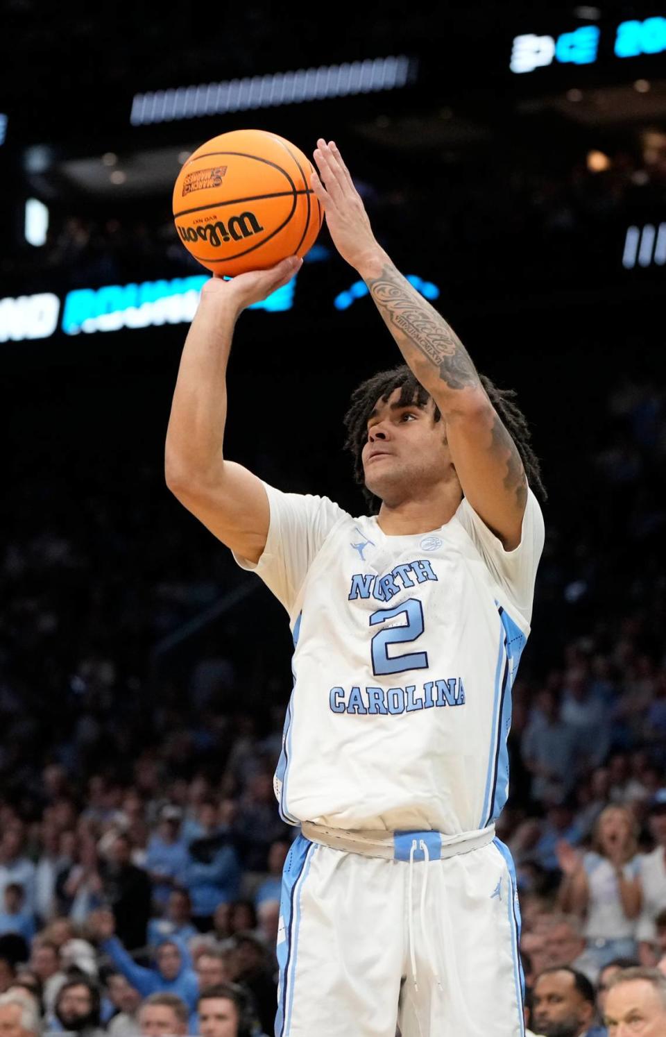 North Carolina Tar Heels guard Elliot Cadeau (2) shoots against the Michigan State Spartans in the second round of the NCAA Tournament at the Spectrum Center. Bob Donnan-USA TODAY Sports